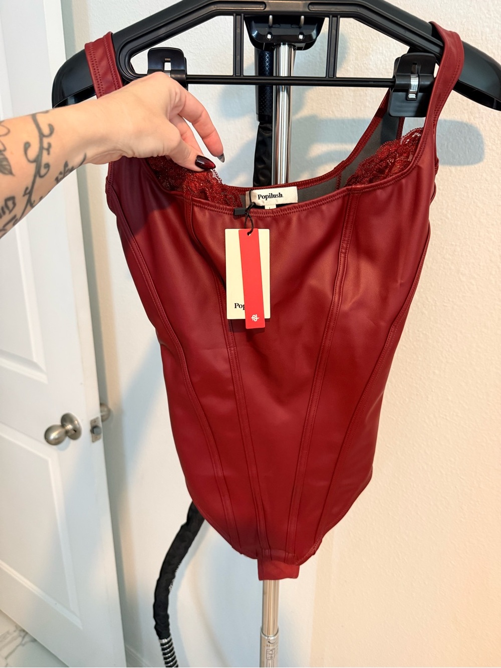 Poplush Burgundy Faux Leather Lace-Trim Bodysuit